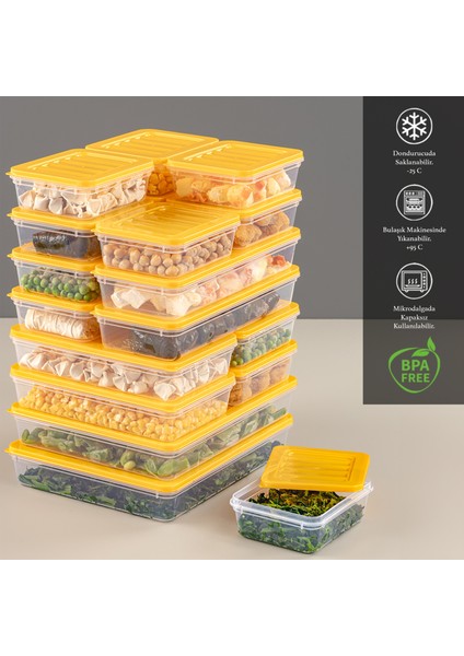 18 Parça Saklama Kabı , Mikrodalga Uyumlu Saklama Kabı 2X2400ML 4X1200ML 4X1170ML 8X600ML Sarı