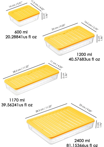 18 Parça Saklama Kabı , Mikrodalga Uyumlu Saklama Kabı 2X2400ML 4X1200ML 4X1170ML 8X600ML Sarı