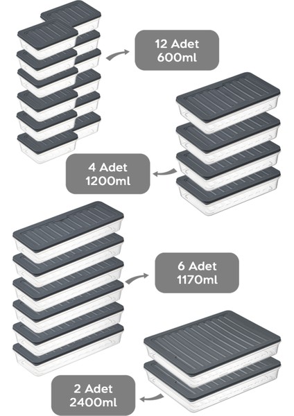 24 Parça Saklama Kabı , Mikrodalga Uyumlu Saklama Kabı 2X2400ML 4X1200ML 6X1170ML 12X600ML Antrasit