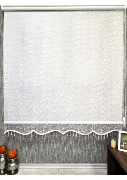 Çift Mekanizmalı Desenli Boncuklu Tül ve Stor Perde Ekru MT4004B indirimleri