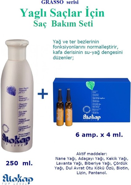 Grasso - Yaglı Saçlar Için Saç Bakım Seti: Şampuan 250 ml. + Saç Serumu 6 Amp. x 4 Ml.