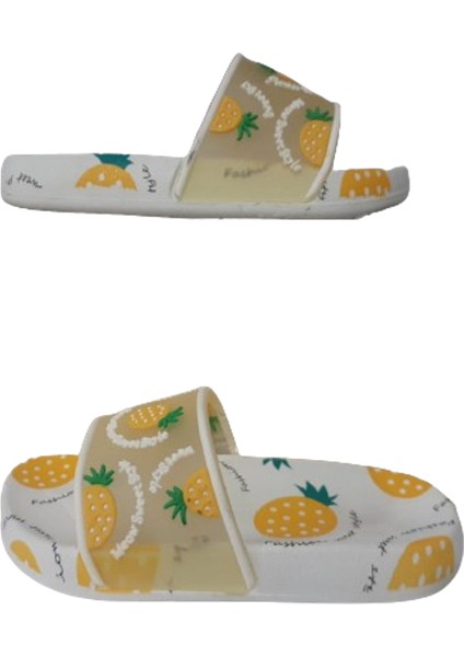 Kız Çocuk Ananaslı Beyaz Kaymaz Taban Günlük Şık Terlik Gzerr98-031