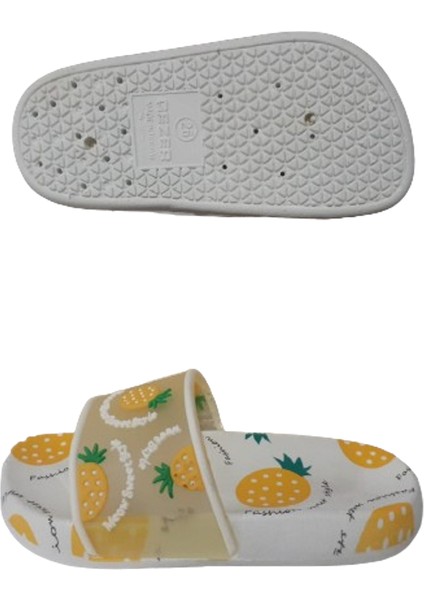 Kız Çocuk Ananaslı Beyaz Kaymaz Taban Günlük Şık Terlik Gzerr98-031 modelleri