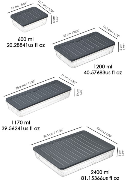 22 Parça Saklama Kabı , Mikrodalga Uyumlu Saklama Kabı 2X2400ML 2X1200ML 6X1170ML 12X600ML Antrasit indirimleri