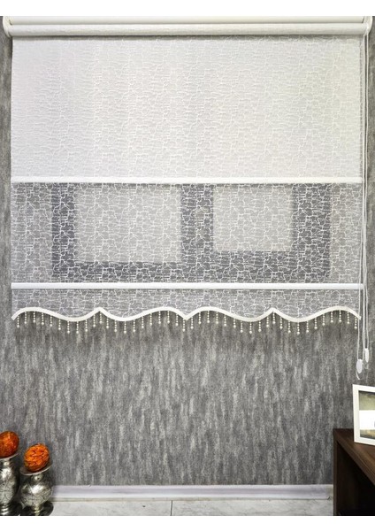 Çift Mekanizmalı Desenli Boncuklu Tül ve Stor Perde Ekru MT4004B fiyatları