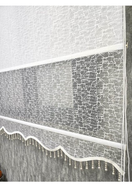 Çift Mekanizmalı Desenli Boncuklu Tül ve Stor Perde Ekru MT4004B fırsatları