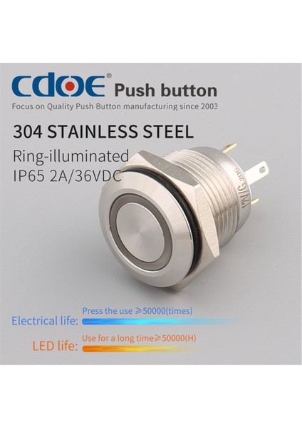 16MM Metal Ledli Buton Paslanmaz/çelik IP65 Beyaz 10V-30V 4p 1no
