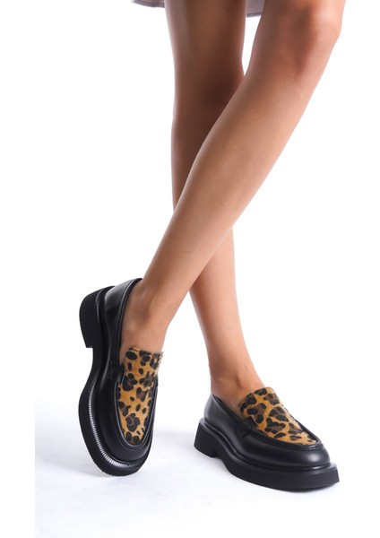 Kadın Leopar Detaylı Kalın Taban Deri Loafer Leopar/siyah - MCRGN7010 - Slpr