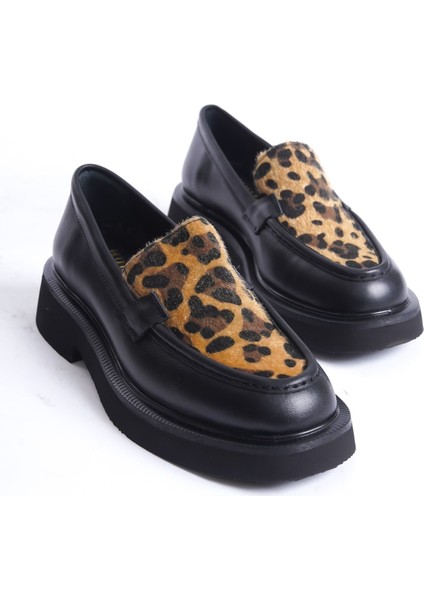 Kadın Leopar Detaylı Kalın Taban Deri Loafer Leopar/siyah - MCRGN7010 - Slpr