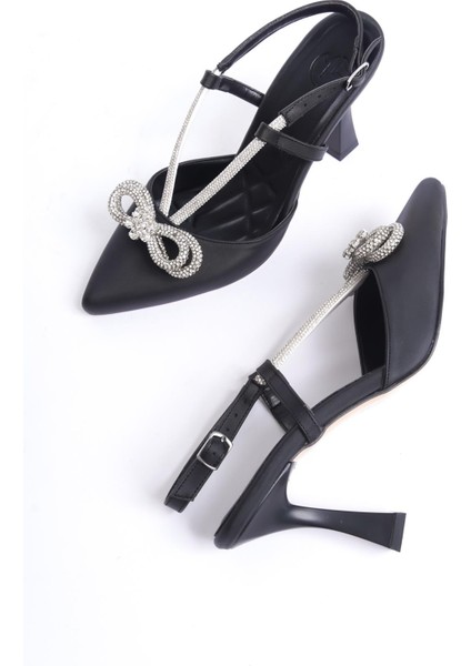 Bowtie Siyah Saten Taşlı Stiletto Abiye Ayakkabı