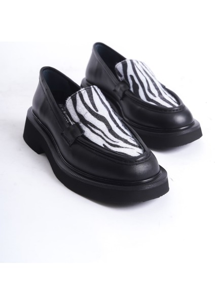 Kadın Zebra Detaylı Kalın Taban Deri Loafer Zebra/siyah - MCRGN7010 - Szbr