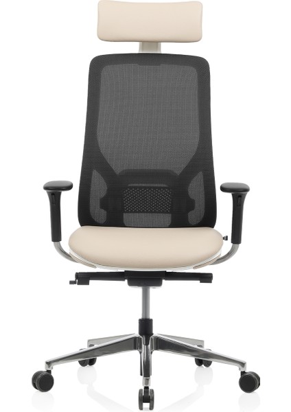 Eman Başlıklı Alüminyum File Arkalık Beyaz Gövde Çalışma Koltuğu (Doğal Deri)