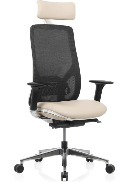 Eman Başlıklı Alüminyum File Arkalık Beyaz Gövde Çalışma Koltuğu (Doğal Deri) modelleri