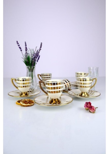 Vicenza 6 Kişilik 12 Parça Porselen Kahve Fincan Takımı Gold Yaldızlı Krem - VOGUE-114 C320.042