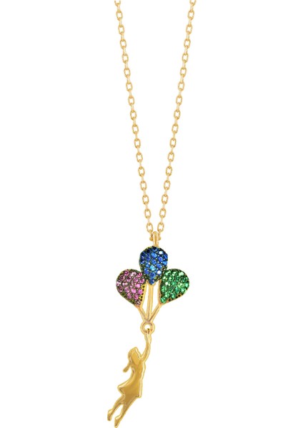 Balon Tutan Kız Renkli Zirkon Taşlı Sallantılı 925 Ayar Gümüş Kolye Sarı Renk