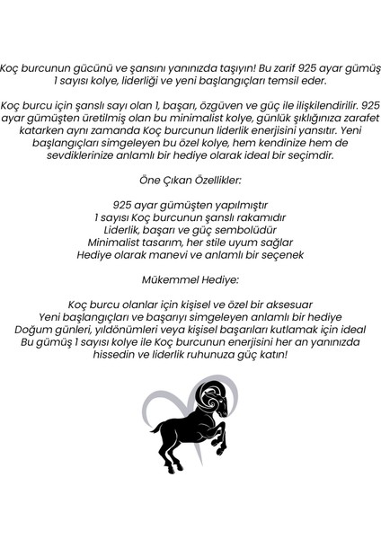 925 Ayar Gümüş 1 Sayısı Kolye Koç Burcu Için Şanslı Rakam, Liderlik ve Başarı Sembolü Kırmızı Renk