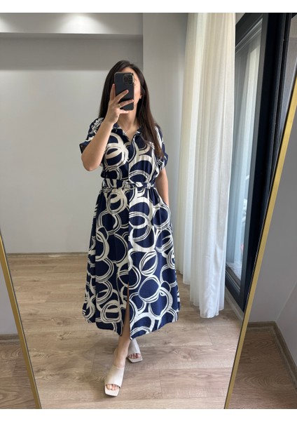 Lacivert Gömlek Yaka Kemer Detaylı Desenli Kısa Kol Midi Elbise indirimleri