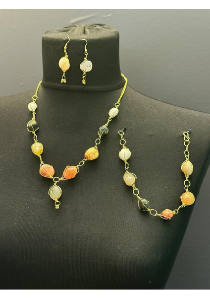 Doğal Taşlı Kolye Küpe Bileklik Set