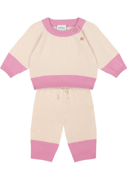 Pembe Kontrastlı Krem Triko Set