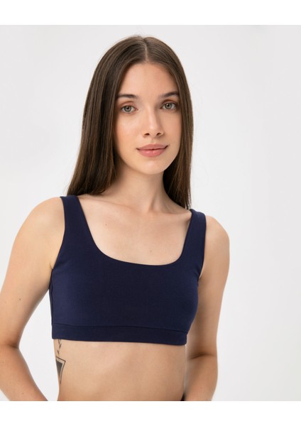 Lacivert Organik Pamuk Low Back Bra Sırt Dekolteli Yoga Spor Sütyeni