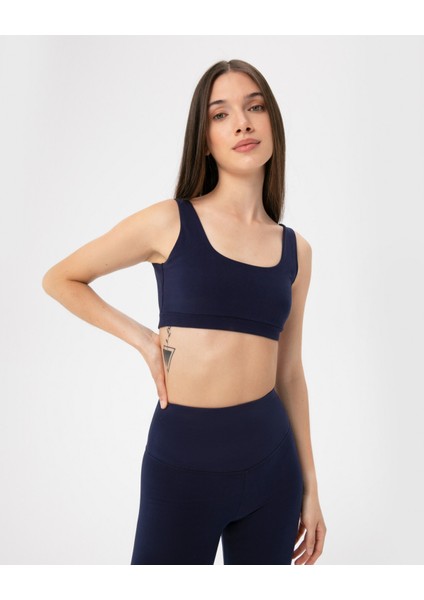 Lacivert Organik Pamuk Low Back Bra Sırt Dekolteli Yoga Spor Sütyeni