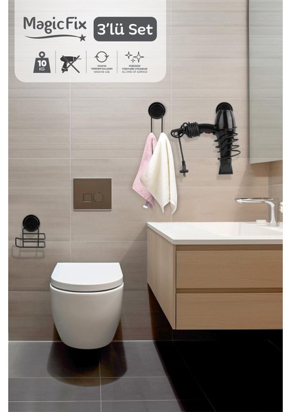 Siyah Magic Fix Banyo Düzenleyici 3'lü Set- Ikili Askı - Wc Kağıtlık - Saç Kurutmalık Askısı