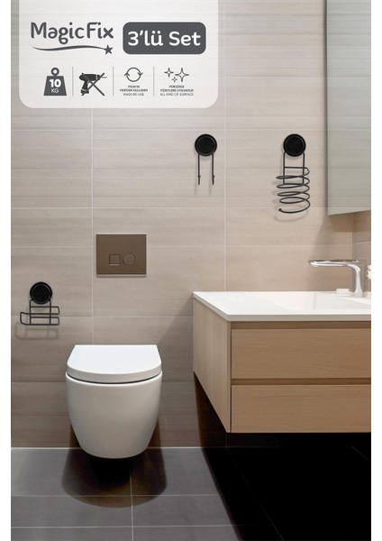 Siyah Magic Fix Banyo Düzenleyici 3'lü Set- Ikili Askı - Wc Kağıtlık - Saç Kurutmalık Askısı fiyatları