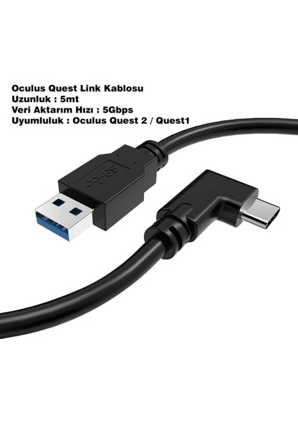 Meta Quest 3 ve 2 ile Uyumlu 5mt 5gbps USB 3.2 Hızlı Veri Aktarımı,hızlı Şarj Usb-C