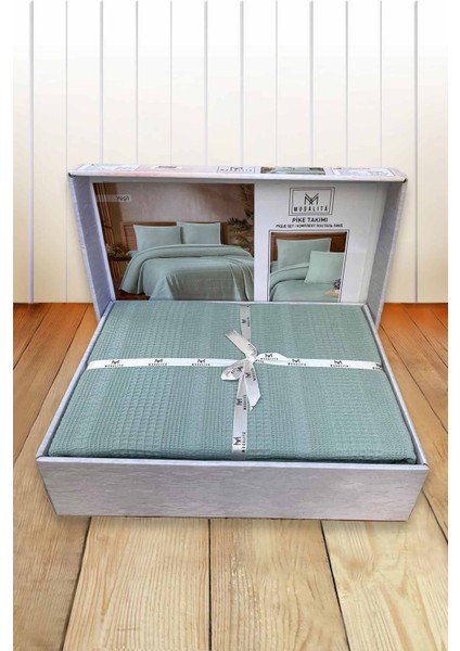 Ipekçe Home Mdl Fitted Lüks Kutulu 4 Parça Organik Pamuk Çift Kişilik Pike Takımı