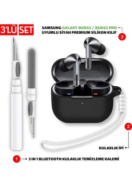 Samsung Galaxy Buds3 ve Pro Uyumlu Silikon Kılıf Kulaklık İpi ve Temizleme Kalemi Seti