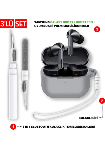 Samsung Galaxy Buds3 ve Pro Uyumlu Silikon Kılıf Kulaklık İpi ve Temizleme Kalemi Seti