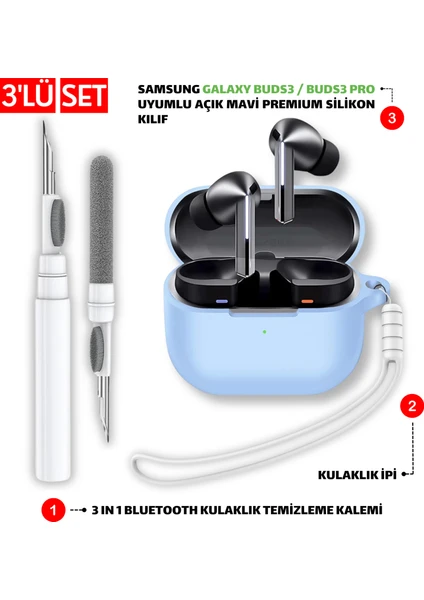 Samsung Galaxy Buds3 ve Pro Uyumlu Silikon Kılıf Kulaklık İpi ve Temizleme Kalemi Seti