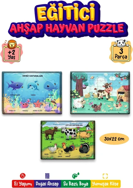 212 Toyzz Ahşap Eğitici Öğretici Yapboz 3lü Set Deniz Hayv-çiftlik Hayv.koyun Puzzle