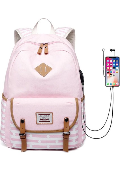 Laptop Bölmeli USB Şarz ve Kulaklık Çıkışlı Kanvas Kadın Sırt Çantası Pembe SRT619