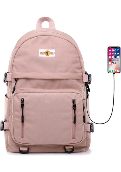 Laptop Bölmeli, USB Şarz Çıkışlı Su Geçirmez Kadın Sırt Çantası Pembe SRT5013