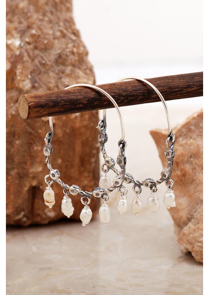 Tasarım Sallantılı Incili Gümüş Küpe 6996