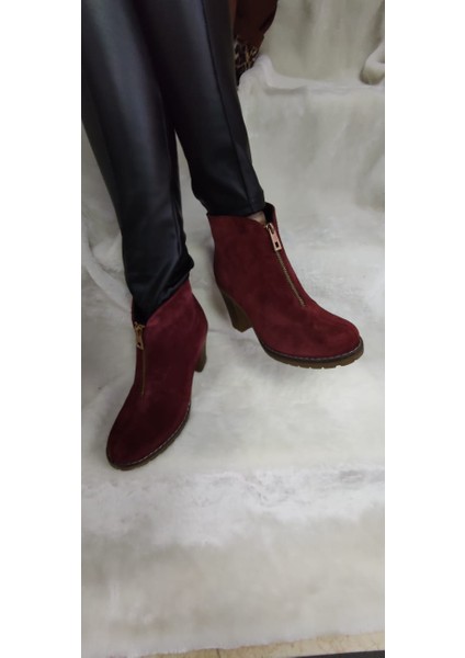 Lacivert Gerçek Süet Deri Fermuarlı Topuklu Kadın Bot (3A) - Bordo - 37 - ST01447-BORDO-37
