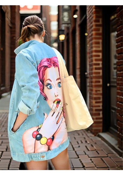Jean Ceket, Pop-Art Desenli Kot Ceket, Desenli Denim Ceket