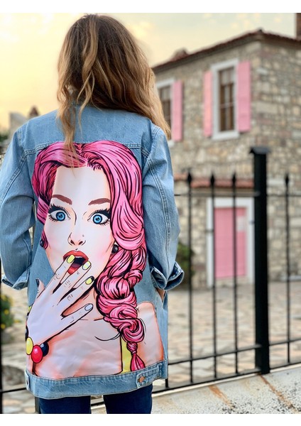 Jean Ceket, Pop-Art Desenli Kot Ceket, Desenli Denim Ceket fiyatları