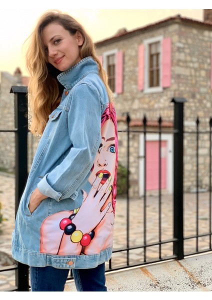 Jean Ceket, Pop-Art Desenli Kot Ceket, Desenli Denim Ceket modelleri