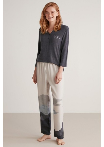 Yumuşak Dokulu Uzun Kol Kadın Pijama Takım W604
