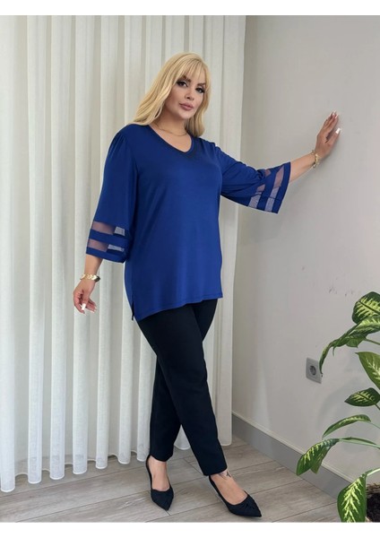 Kadın Büyük Beden Yaka Taşlı Kolları Tüllü Esnek Viskon Tunik