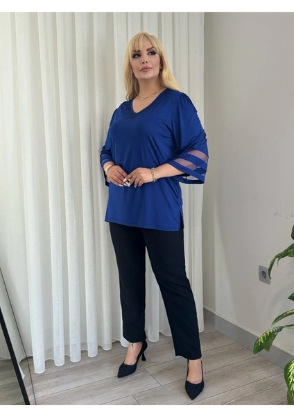 Kadın Büyük Beden Yaka Taşlı Kolları Tüllü Esnek Viskon Tunik fiyatları