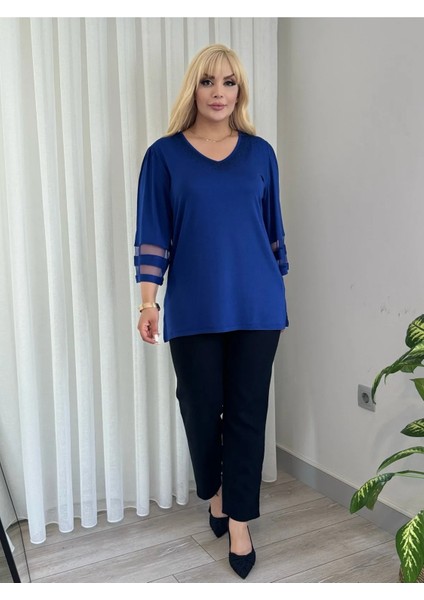 Kadın Büyük Beden Yaka Taşlı Kolları Tüllü Esnek Viskon Tunik modelleri