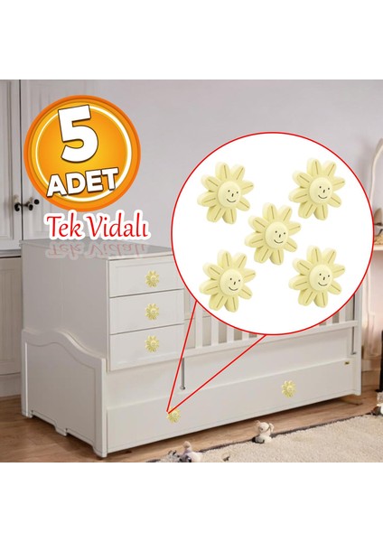 Plastik Papatya Gülücüklü 5 Adet Krem Aytaşı Mobilya Çoçuk Odası Dolabı Kapak Kulpu Çekmece Kulbu
