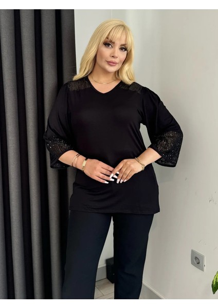 Kadın Büyük Beden Omuz Kol Payet Detay Esnek Viskon Tunik