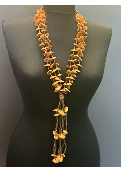 El Yapımı Deniz Midye Kabuklu Boncuklu Tasarım Kadın Kolye Boy 34 cm