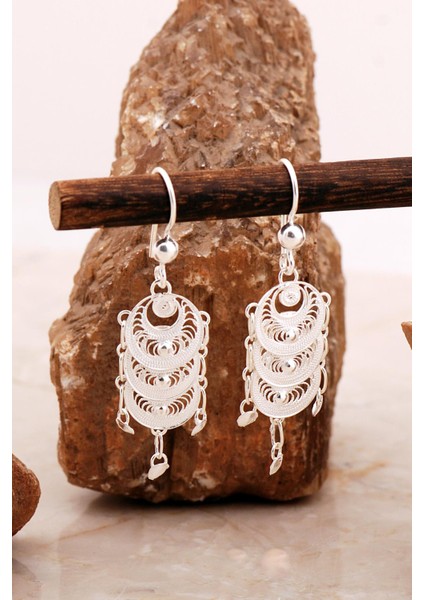 Telkari Işlemeli Elişi Büyük Boy Pullu Gümüş Küpe 6998