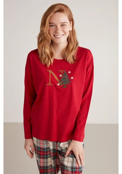 Yumuşak Dokulu Yılbaşı Temalı Ekoseli Uzun Kol Kadın Pijama Takım W606 fiyatları