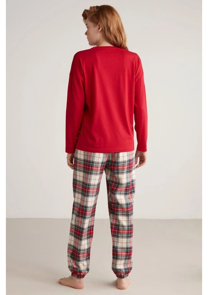 Yumuşak Dokulu Yılbaşı Temalı Ekoseli Uzun Kol Kadın Pijama Takım W606 indirimleri